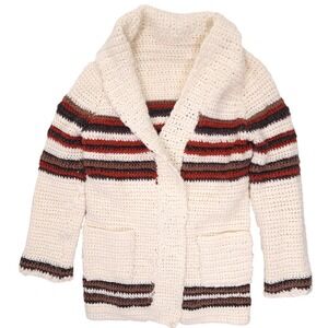 Vintage Handmade Crochet Striped Cardigan Shawl Collar Pockets Cream Brown Rust